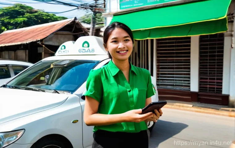 미얀마에서 카카오택시 앱 활용법 - **Prompt 1: Urban Traveler Using Grab for Taxi in Yangon**
"A young, diverse female traveler, we...