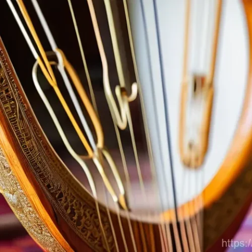 Home 14 미얀마 전통 악기 사웅 가이드 - A close-up, artistic shot of a traditional Burmese Saung (harp). The instrument features a smooth, b...