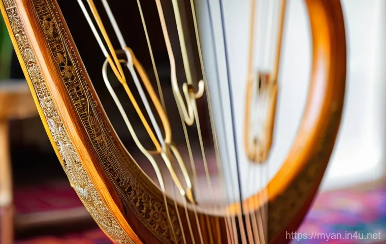 미얀마 전통 악기 사웅 가이드 - A close-up, artistic shot of a traditional Burmese Saung (harp). The instrument features a smooth, b...