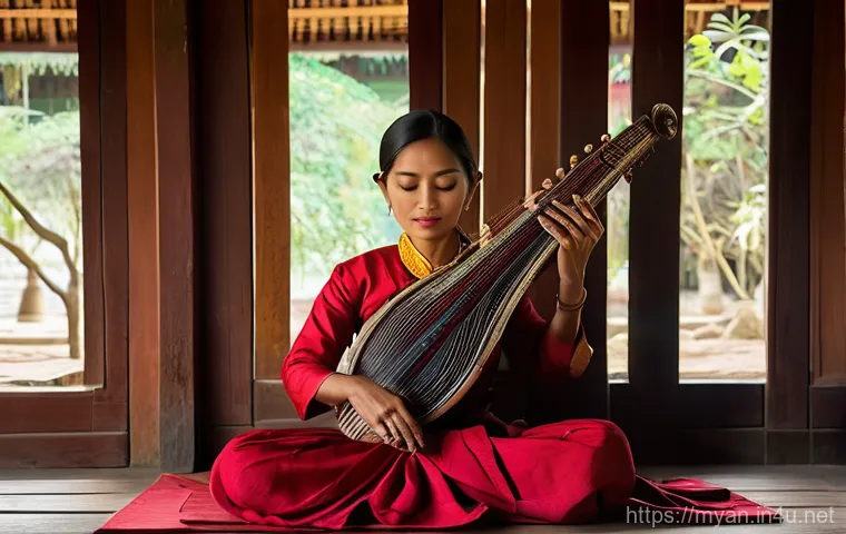 미얀마 전통 악기 사웅 가이드 - A close-up, artistic shot of a traditional Burmese Saung (harp). The instrument features a smooth, b... 미얀마 전통 악기 사웅 가이드 - A close-up, artistic shot of a traditional Burmese Saung (harp). The instrument features a smooth, b...