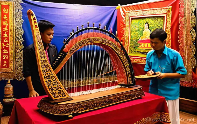 미얀마 전통 악기 사웅 가이드 - A Myanmar musician, dressed in elegant traditional Burmese attire, gently playing a Saung. The music... 미얀마 전통 악기 사웅 가이드 - A Myanmar musician, dressed in elegant traditional Burmese attire, gently playing a Saung. The music...
