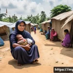 미얀마 로힝야 분쟁의 배경 - A Glimpse of Life in Refugee Camps: Resilience Amidst Hardship**
A detailed, wide-angle shot of a sp...