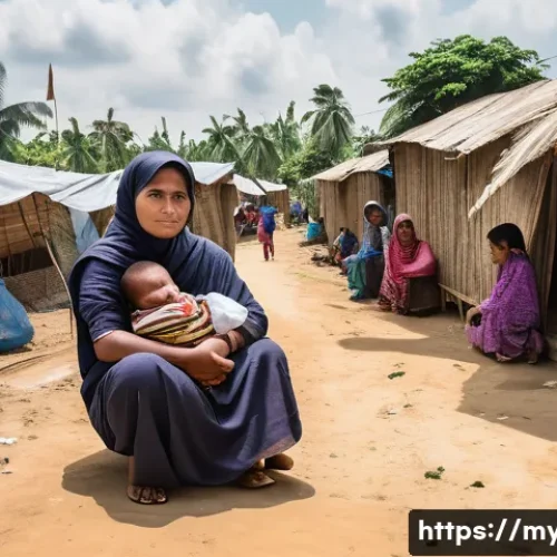 Home 7 미얀마 로힝야 분쟁의 배경 - A Glimpse of Life in Refugee Camps: Resilience Amidst Hardship**
A detailed, wide-angle shot of a sp...